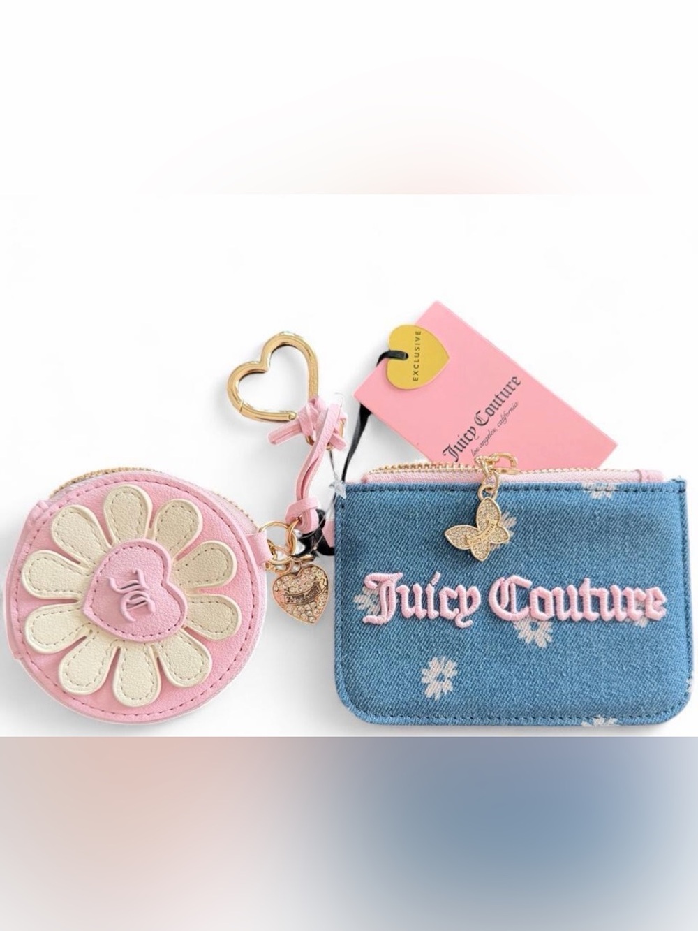 Juicy Couture Pink Daisy Coin Pouch & Blue Denim Card Wallet Keychain Set